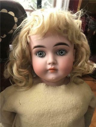 Antique German Bisque Doll Kid Leather Body Pretty Girl W/ Wolf Blue Eyes 24 "