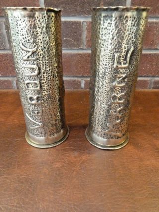 Antique Brass Trench Art Shell Case Vases French Ww1 Marked Verdun And Marne