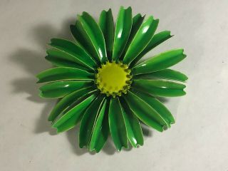 Vintage Huge Lime Green Daisy Flower Enamel Brooch Pin Mod 60 