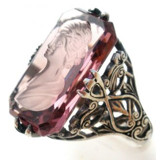 Purple Carved Glass Intalgio Cameo Ring Vintage Sterling Silver Size 7 Antiqued