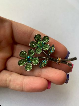 Vintage Silver Tone Green Ab Rhinestone Flower Brooch Pin