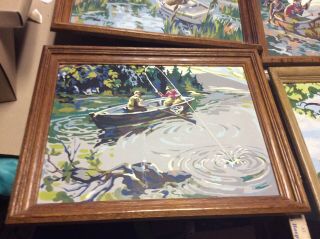 8 Framed Vintage Paint By Number Canoe Fishing Scenes Framed