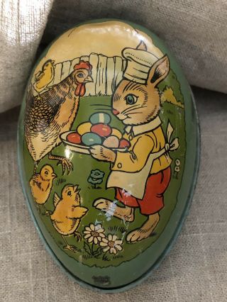 Vtg Graphic Old Tin Litho J.  Chein Easter Egg Easter Bunny Serving Eggs To Chick
