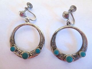 Vintage Sterling Silver Turquoise Navajo Old Pawn Handcrafted Hoop Earrings