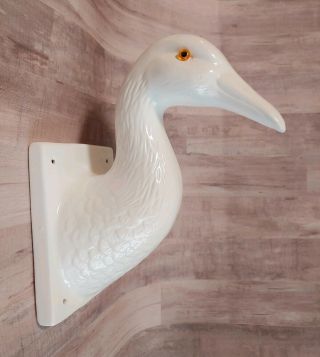 Vtg 1982 White Ceramic Duck Goose Head Towel Apron Holder Farmhouse Amber Eyes