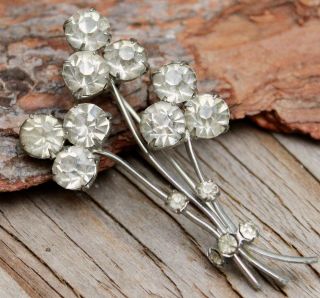 Vintage Brooch Pin Ice Floral Spray Rhinestone Costume Jewellery Retro Silver