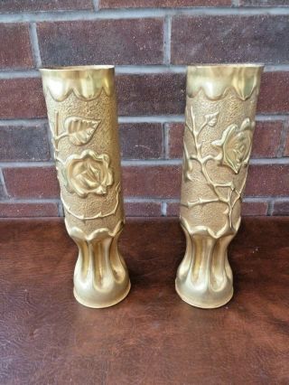 Antique Brass Trench Art Shell Case Vases French Ww1 Decorated With Flowers