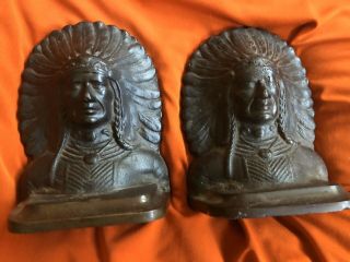 Antique Bronze Cast Iron Figural Native American Indian Chief Bookends Exc Cond