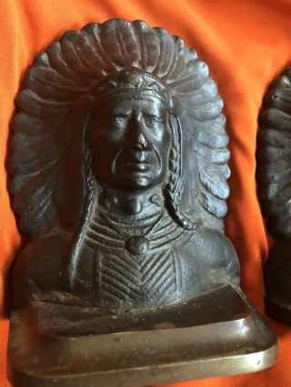 antique bronze cast iron figural native American Indian Chief bookends Exc Cond 2