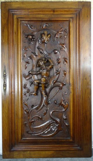 French Antique Architectural Hand Carved Walnut Wood Door Panel Jester,  Chimera