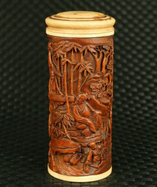 Unique Chinese Old Boxwood Hand Carved Buddha Figure Tea Caddy Noble Decoration