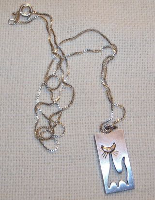 Vintage Sterling Silver,  14k Cat Pendant On Chain,  Finland