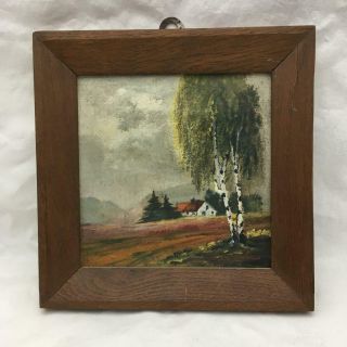 Small Antique Framed Oil Painting Cottage And Trees Landscape About 7.  5 " X 7.  5 "
