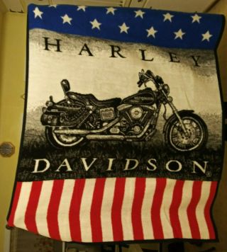 Vintage Harley - Davidson Throw Blanket 53 X 68 Bike And American Flag