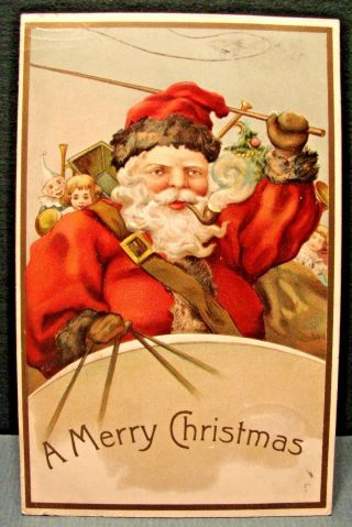 Antique Vintage Christmas Postcard Santa On The Move In His Sled German 1907