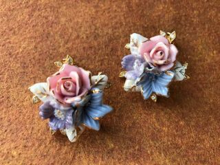 Vtg - Procelain Floral Clip On Earrings - Hand Painted Gold Accents - Metal Base