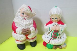 Vintage Handmade Painted Ceramic Mr And Mrs Santa Clause Figurines 9 " Tall