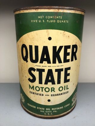 Vintage Quaker State Metal 5 Quart Oil Can Pennsylvania Motor