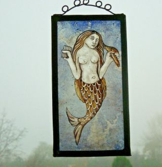 Victorian Stained Glass Fragment Of A Mermaid.