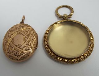 2 Lovely English Antique Victorian C.  1885 9ct Gold Back & Front Photo Lockets
