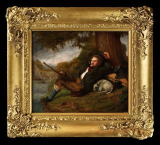 Man & Dog Resting In A Landscape | Unusual 19th Century Antique Oil Painting