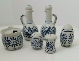Vintage Ceramarte Brazil Blue & White Ceramic Oil Vinegar Jug Salt Pepper Set