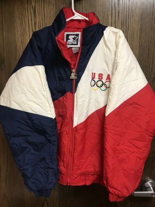 Vintage Usa 1men’s Olympics Starter Warm Ski Zip Jacket Large Red White Blue