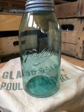 Early Vintage Blue Green Ball Mason Canning Fruit Jar Half - Gallon Triple L 3 L