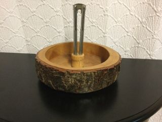 Vintage Dark Wood Nut Bowl With Metal Nut Cracker