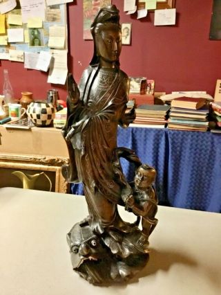 Vintage Hand Carved/signed Kwan Yin Wood Sculpture W/silver Inlay Designs
