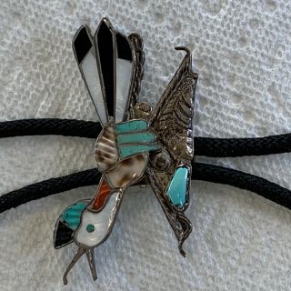 Vintage Zuni Native American Sterling Turquoise Multi Stone Bird Bolo Tie