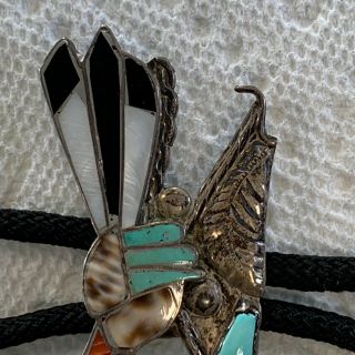 Vintage Zuni Native American Sterling Turquoise Multi Stone Bird Bolo Tie 2