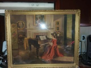 Antique Lithograph Sonata By Artist M.  Ditlef Lady In Red Dress Playing Piano