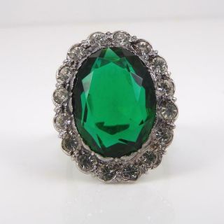 Vtg Antique Art Deco Sterling Silver Green Paste Stone Halo Ring Size 5.  5 Lfj3