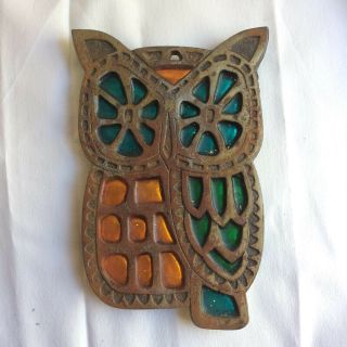 Vintage Owl Trivet Cast Iron Mcm Teal Blue Orange Green Enamel Hot Plate Footed