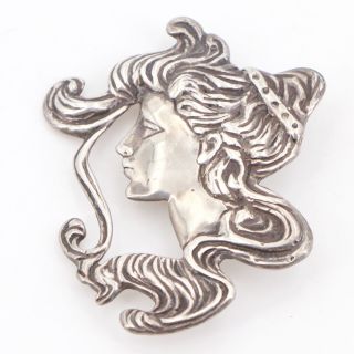 Vtg Sterling Silver - Art Nouveau Woman Lady Hair Brooch Pin - 10g