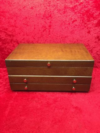 Vintage Mid Century Made In Japan Wood Jewelry Box Red Felt Lining