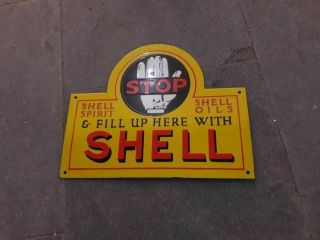 Vintage Porcelain Shell Stop Here Enamel Sign 15 X 12 Inches