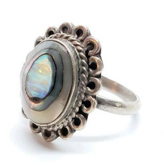 Vintage Signed 925 Sterling Silver Mexico Abalone Shell Inlay Floral Size 5 Ring