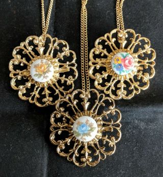 Set Of 3 Vintage Round Porcelain Flower Necklace Pendant Brooch Nos