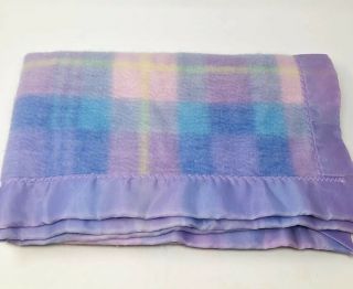 Vtg Beacon Baby Blanket Purple Plaid Pastel Acrylic Nylon Satin Trim Wpl 1675