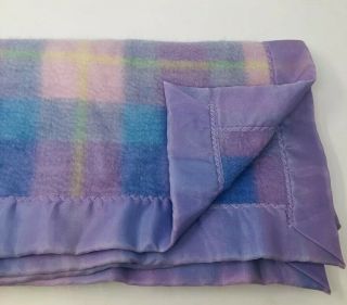 Vtg Beacon Baby Blanket Purple Plaid Pastel Acrylic Nylon Satin Trim WPL 1675 3