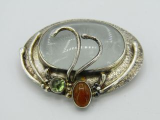 Vintage Sterling Silver Modernist Amber Quartz Brooch Pin Pendant
