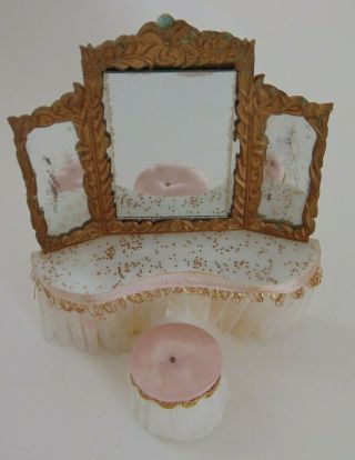 Petite Princess Vtg Miniature Dollhouse Furniture Vanity Dressing Table Pink