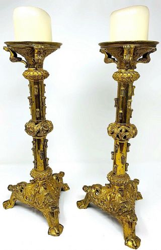 Antique 16 " Heavy Ornate Brass Gothic Church Altar Candlesticks