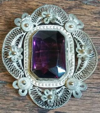 Antique Czechoslovakia Filigree & Amethyst Purple Glass Brooch Pin