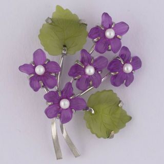 Vtg Silver Tone Amethyst Jade Glass Flower Leaf Cluster Bouquet Pearl Brooch Pin