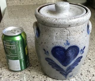 Vintage 1988 Rowe Pottery Salt Glazed Blue Heart Crock With Lid