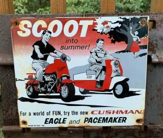 Vintage 1958 Cushman Eagle & Pacemaker Scooter Porcelain Dealer Sign