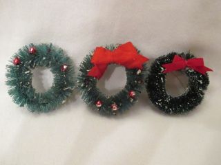 3 Vtg Xmas Bottle Brush Wreaths - - 3 " - - Flocked/merc Beads/bows - - Ornaments